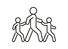 pedone adulto persona e bambini camminare, scorta hold mano, linea icona. tranquillamente attraversare strada e camminare simbolo. vettore schema illustrazione