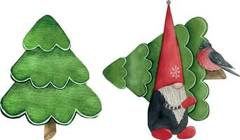 Natale gnomo con pino albero, scandinavo elfo con regalo, acquerello vacanza illustrazione vettore. vettore