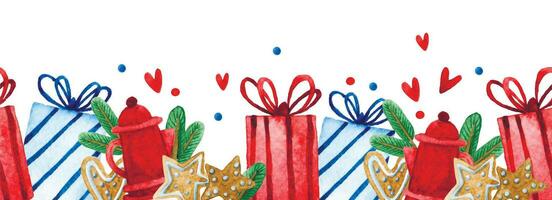 acquerello modello, Natale senza soluzione di continuità confine, telaio. i regali, Pan di zenzero biscotti, caldo cioccolato, caramella e abete rami vettore