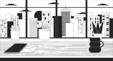 ufficio scrivania con finestra paesaggio urbano tramonto nero e bianca lofi sfondo. postazione di lavoro, tramonto urbano 2d schema scena cartone animato piatto illustrazione. davanzale impianti vettore linea lo fi estetico sfondo