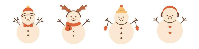 vettore sorridente pupazzo di neve impostare. Natale divertente pupazzo di neve personaggi. collezione di carino inverno pupazzo di neve indossare cappello e sciarpa.