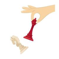 scacchi. un' mano detiene un' scacchi pezzo su un' bianca sfondo. il torre battiti il cavaliere. scacchi composizione nel piatto stile. vettore