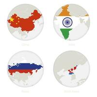 Cina, India, Russia, nord Corea carta geografica contorno e nazionale bandiera nel un' cerchio. vettore