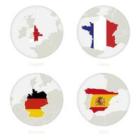 Inghilterra, Francia, Germania, Spagna carta geografica contorno e nazionale bandiera nel un' cerchio. vettore