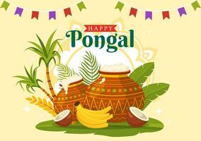 contento pongale vettore illustrazione di tradizionale tamil nadu India Festival celebrazione con canna da zucchero e piatto di religioso oggetti di scena nel piatto sfondo