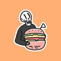 cranio che tiene una grande illustrazione di hamburger. per t-shirt e adesivo. vettore