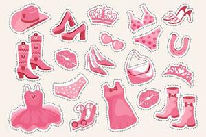 Principessa etichetta impostare. rosa moda impostare, Accessori e Abiti per un' rosa Bambola. corona, vestire, scarpe, cowboy cappello, stivali, Borsa, occhiali. vettore