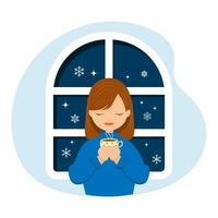 carino ragazza nel un' maglione con un' tazza di tè vicino il finestra con fiocchi di neve. inverno illustrazione, Stampa, vettore
