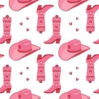 carino rosa senza soluzione di continuità modello con retrò cowgirl cappelli e cowboy stivali. sfondo, Stampa per ragazze. vettore