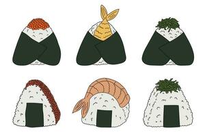 mano disegnato onigiri clipart impostare. giapponese veloce cibo fatto di Riso. riso palla nel nemmeno io alga marina vettore