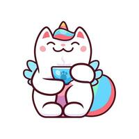 cartone animato kawaii caticorno, gatto unicorno potabile tè vettore