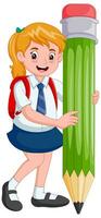 cartone animato scuola ragazza Tenere un' grande matita. vettore illustrazione