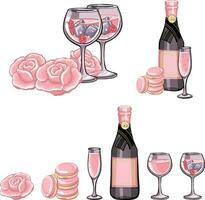 impostato di festivo rosa Champagne con bicchieri e Rose illustrazione vettore