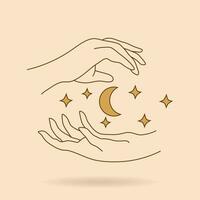 vettore illustrazione di donna di mano con bellissimo lungo dita Tenere mezzaluna Luna stelle. Ramadan vacanza icona. incanto fortuna telling astrologia tarocco concetto. logo elemento per bellezza.
