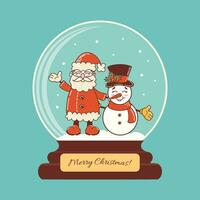 bicchiere palla con neve. Santa Claus abbracci un' pupazzo di neve. carino personaggio nel vecchio retrò cartone animato stile. Vintage ▾ vacanza vettore illustrazione per etichetta, manifesto, design elementi.