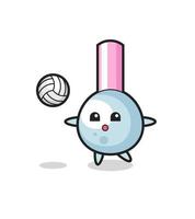 personaggio cartone animato di cotton fioc sta giocando a pallavolo vettore