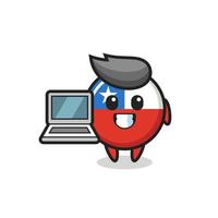 illustrazione della mascotte del distintivo della bandiera del Cile con un laptop vettore