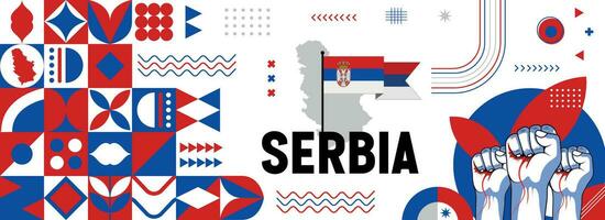 Serbia nazionale o indipendenza giorno bandiera per nazione celebrazione. bandiera e carta geografica di Serbia con sollevato pugni. moderno retrò design con typorgaphy astratto geometrico icone. vettore illustrazione.