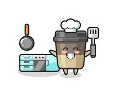 illustrazione del personaggio della tazza di caffè mentre uno chef sta cucinando vettore