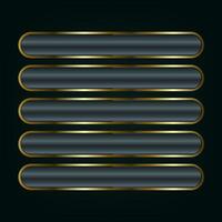 gruppo di cinque lusso pulsanti, buio ui, UX vettore illustrazione con telaio 3d d'oro lucido elegante design per vuoto emblema, medaglia o distintivo, brillante e pendenza buio sfondo