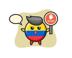 illustrazione del carattere del distintivo della bandiera della colombia che tiene un segnale di stop vettore