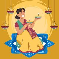 la donna indiana porta la luce del diwali vettore