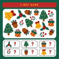 Natale io spiare gioco per bambini. ricerca e conteggio attività per prescolastico bambini con carino Natale oggetti. divertente inverno stampabile foglio di lavoro per bambini. semplice vacanza avvistamento puzzle. vettore