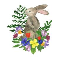 mano disegnato acquerello coniglio, lepre. realistico foresta animale con fiori selvatici preparativi vettore