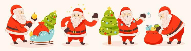 contento Santa Claus con i regali, un' Natale albero e il Magia di Natale. un' impostato di vettore cartone animato Santa Claus icone.