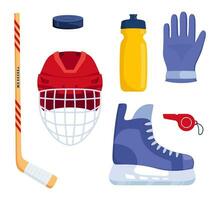 impostato di hockey attrezzatura. casco, guanti, bastone, disco, pattini, fischio, acqua bottiglia. vettore illustrazione.