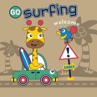 la giraffa va al surf divertente cartone animato, illustrazione vettoriale