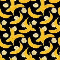 Banana senza soluzione di continuità modello su nero sfondo. vettore. design per involucro carta, tessile, tessuto. giallo maturo esotico frutta, totale nel sbucciare e pezzi di polpa. vettore