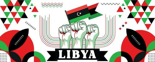 Libia nazionale o indipendenza giorno bandiera design per nazione celebrazione. bandiera di Libia con sollevato pugni. moderno retrò design con astratto geometrico icone. vettore illustrazione.