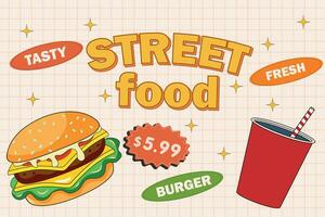 retrò cartone animato divertente veloce cibo personaggio manifesti. Vintage ▾ strada cibo hamburger portafortuna vettore illustrazione per caffetteria, ristorante, bar. nostalgia anni '60, anni '70, anni 80