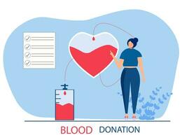 volontario donna la donazione sangue vicino cuore. donatore. concetto di donazione, beneficenza, mondo sangue donatore giorno, Salute cura. vettore illustrazione nel piatto design per sfondo, striscione, carta