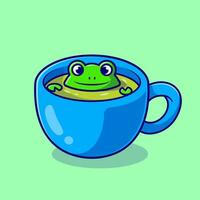 carino rana nel verde tè tazza cartone animato vettore icona illustrazione. animale bevanda icona concetto isolato premio vettore. piatto cartone animato stile