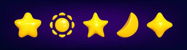 metà mese e stelle e sole giallo. realistico 3d simbolo design. vettore illustrazione. realistico stelle collezione