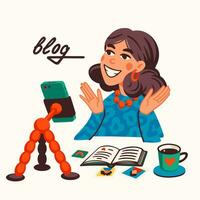 blog, fabbricazione soddisfare per un' blog o video blog vettore illustrazione. blogger o vlogger cartone animato personaggio fabbricazione Internet soddisfare vettore piatto illustrazione