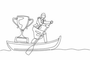 singolo uno linea disegno attraente donna d'affari andare in barca lontano su barca con trofeo. andare in barca mondo campionato premio. vincente acqua sport concorrenza. continuo linea design grafico vettore illustrazione