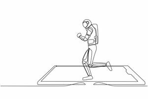 continuo uno linea disegno astronauta in esecuzione su smartphone schermo tapis roulant. esercizio fitness App e sport. cardio controllo digitale. cosmonauta esterno spazio. singolo linea disegnare design vettore illustrazione