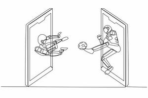 singolo uno linea disegno astronauta calcio giocatore calciando sfera, portiere Salvataggio obbiettivo su smartphone schermo. in linea calcio Giochi. cosmico galassia spazio. continuo linea disegnare design vettore illustrazione