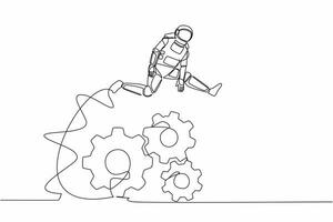 singolo uno linea disegno astronauta salto al di sopra di grande ingranaggi. sviluppando navicella spaziale innovazione. operazione spedizione gestione. cosmico galassia spazio. continuo linea disegnare grafico design vettore illustrazione