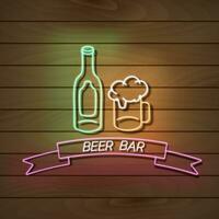 birra bar neon leggero bandiera su un' di legno parete. verde e rosa cartello. decorativo realistico retrò elemento per ragnatela design vettore