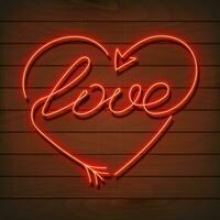neon parola amore. un' luminosa rosso cartello su un' di legno parete. elemento di design per un' contento San Valentino S giorno. vettore illustrazione.