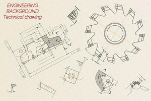 meccanico ingegneria disegni su beige tecnico carta sfondo. taglio Strumenti, fresatura taglierina. industriale design. coperchio. planimetria. attività commerciale attività commerciale. vettore illustrazione.