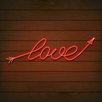 neon parola amore. un' luminosa rosso cartello su un' di legno parete. elemento di design per un' contento San Valentino S giorno. vettore illustrazione.