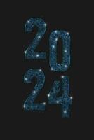 astratto isolato blu Immagine di nuovo anno numero 2024. poligonale Basso poli wireframe illustrazione sembra piace stelle nel il nero notte cielo nel spase o volante bicchiere frammenti. digitale ragnatela, Internet design. vettore