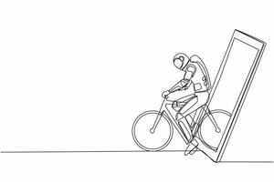 singolo continuo linea disegno giovane astronauta bicicletta corridore Ottimizzare il suo velocità a formazione sessione ottenere su di smartphone schermo. cosmonauta in profondità spazio. uno linea grafico design vettore illustrazione