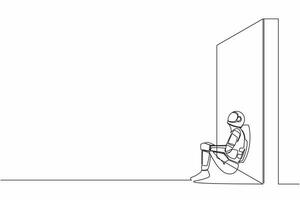 singolo continuo linea disegno astronauta seduta su pavimento e magro contro parete. triste e frustrazione dovuto per spazio esplorazione fallimento. cosmonauta in profondità spazio. uno linea grafico design vettore illustrazione