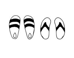 impostato di pantofole per uomini e donne. scarabocchio arte. illustrazione con nero e bianca stile. all'aperto. Flip flop. vettore